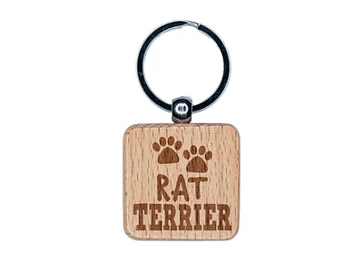 Rat Terrier Dog Paw Prints Fun Text Engraved Wood Square Keychain Tag Charm