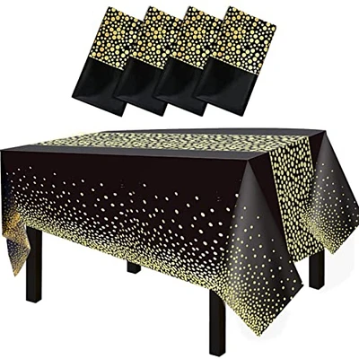 FECEDY 4 Packs 54"x108" Gold Wave Point Black Disposable Plastic Table Cover Waterproof Tablecloths for Rectangle Tables up to 8 ft in Length Party Decorations