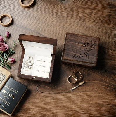 Birth Flower Jewelry Box, Personalized Minimalism Jewelry Box, Wooden Ring Box Jewelry Box, Women's Travel Jewellery Box
