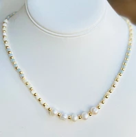 Authentic Freshwater Pearl and Mother of Pearl necklace with 18k gold beads and 18k gold lariat toggle,with gift bag