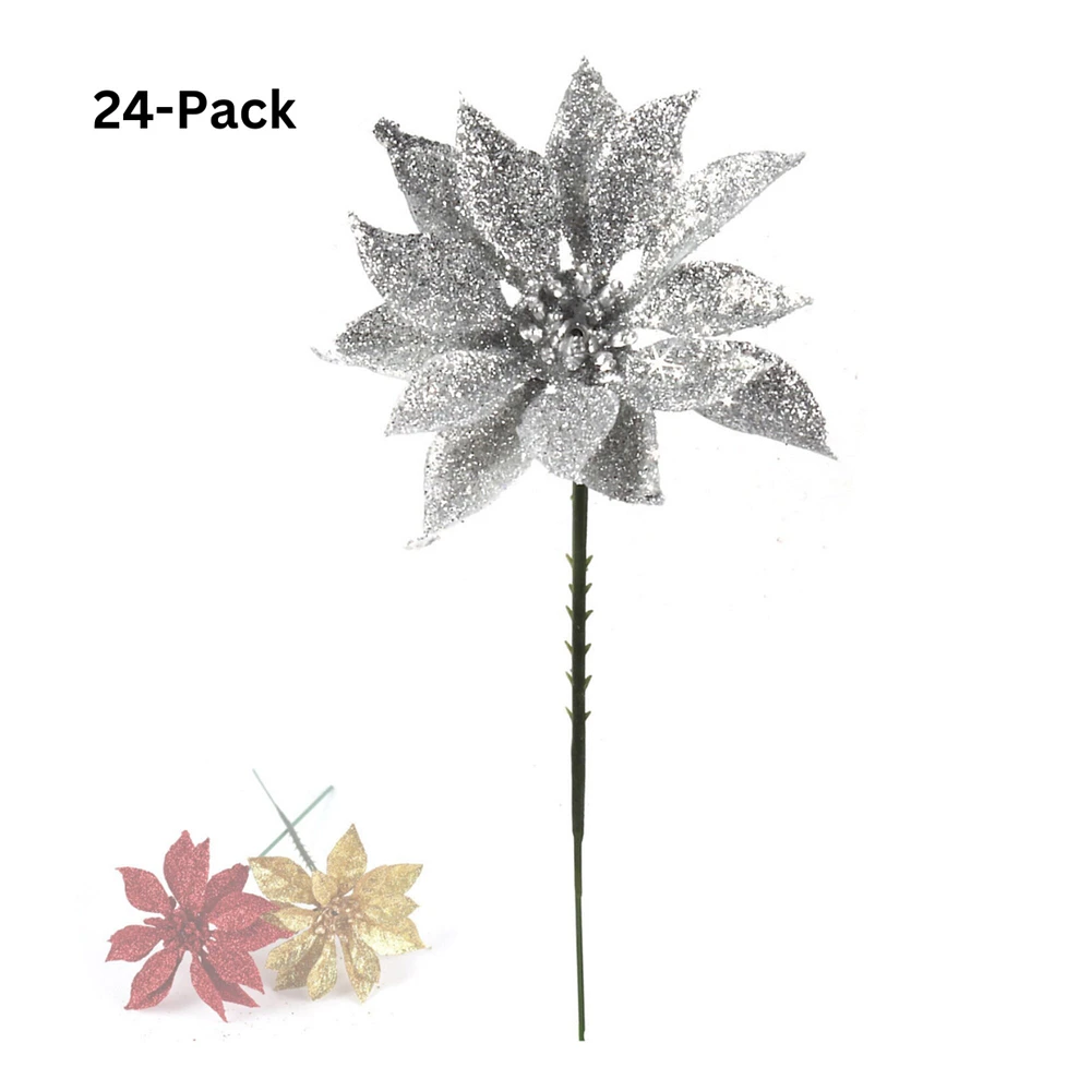 24-Pack: Silver Glitter Poinsettia Picks, 5" Long, Festive Holiday Accents, Christmas Picks, for Trees, Wreaths, & Garlands, Home & Office Decor