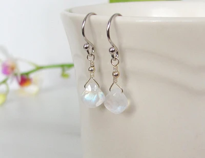 Dainty Moonstone Drop Earrings in Sterling Silver