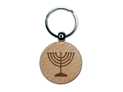 Menorah Hanukkah Engraved Wood Round Keychain Tag Charm