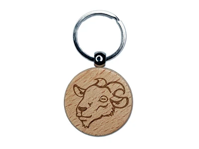 Goat Head Engraved Wood Round Keychain Tag Charm