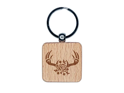 Deer Antlers with Rose Engraved Wood Square Keychain Tag Charm
