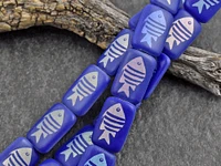 *6* 18x12mm Opaque Lapis Blue Laser Tattoo Fish Rectangle Beads