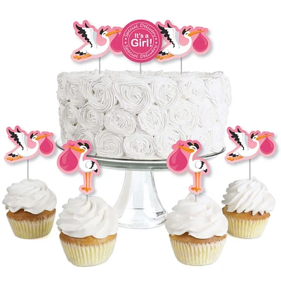 Big Dot of Happiness Girl Special Delivery - Dessert Cupcake Toppers - It's a Girl Stork Baby Shower Clear Treat Picks - Set of 24