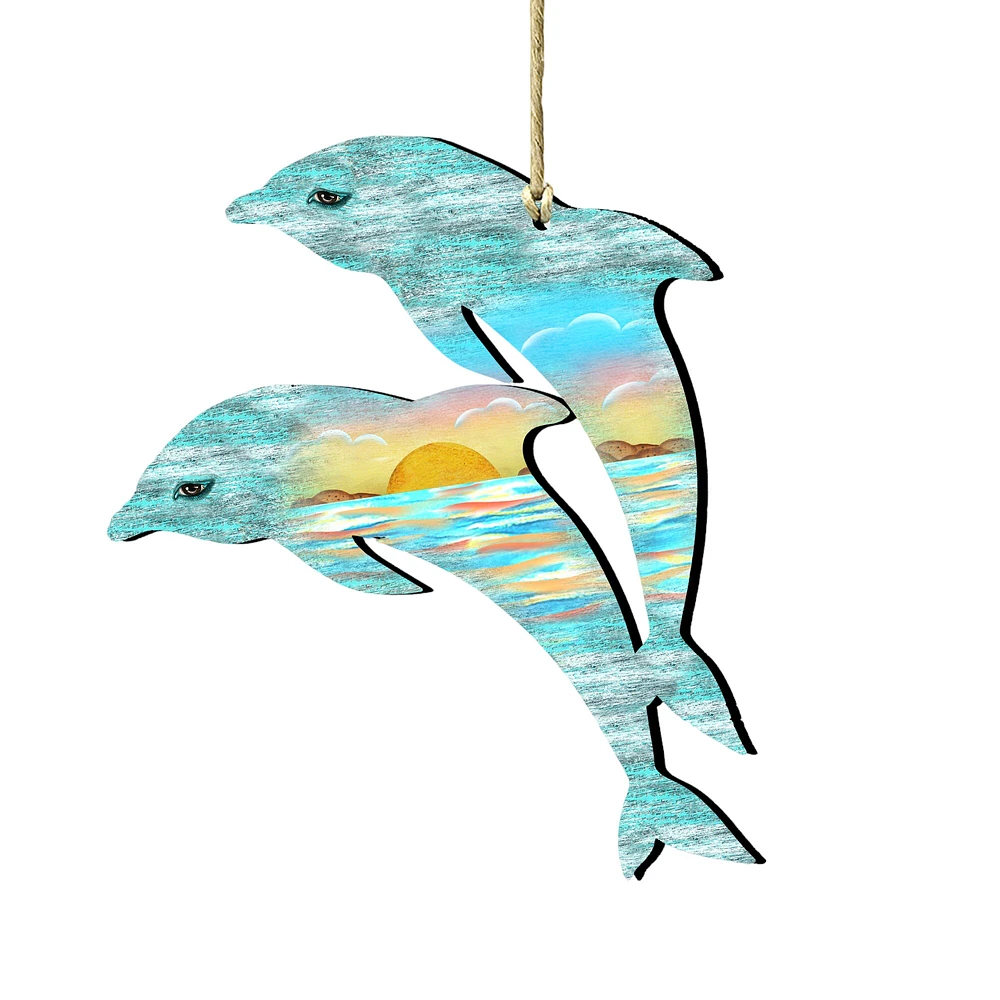 Designocracy Set of 2 Dolphins Beach Scene Wooden Christmas Ornaments 5.5"