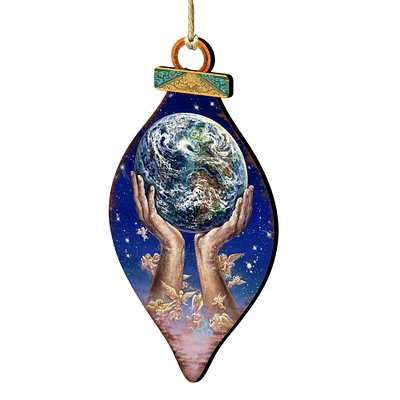 Designocracy Set of 2 Hands Holding Earth Wooden Christmas Ornaments 5.5"
