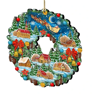 Designocracy Set of 2 Santa Ride Around the World Wreath Wooden Christmas Ornaments 5.5"