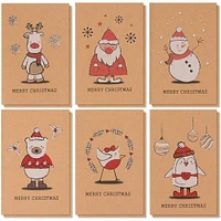 36 Pack Kraft Merry Christmas Greeting Cards with Envelopes, 6 Holiday Yuletide Character Designs (4 x 6 In)