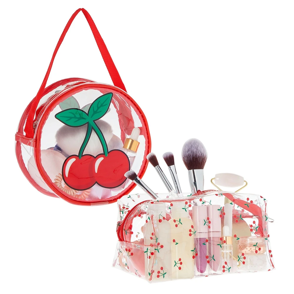 Set of 2 Cherry Makeup Bag for Face Powder, Mascara, Lipgloss, Clear Travel Bags for Toiletries (2 Designs)