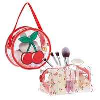 Set of 2 Cherry Makeup Bag for Face Powder, Mascara, Lipgloss, Clear Travel Bags for Toiletries (2 Designs)