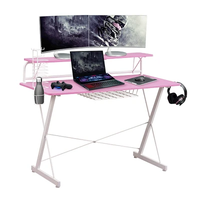 Techni Office Solutions Computer Gaming Desk with Shelve - 41.5" - Pink and White