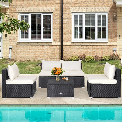 Gymax 5PCS Patio Outdoor Rattan Sofa Conversation Set w/ Seat and Back Cushions Off White
