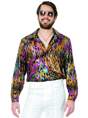 Mens Adult's 70s Metallic Super Hot Multi-Colored Vintage Flame Disco Shirt