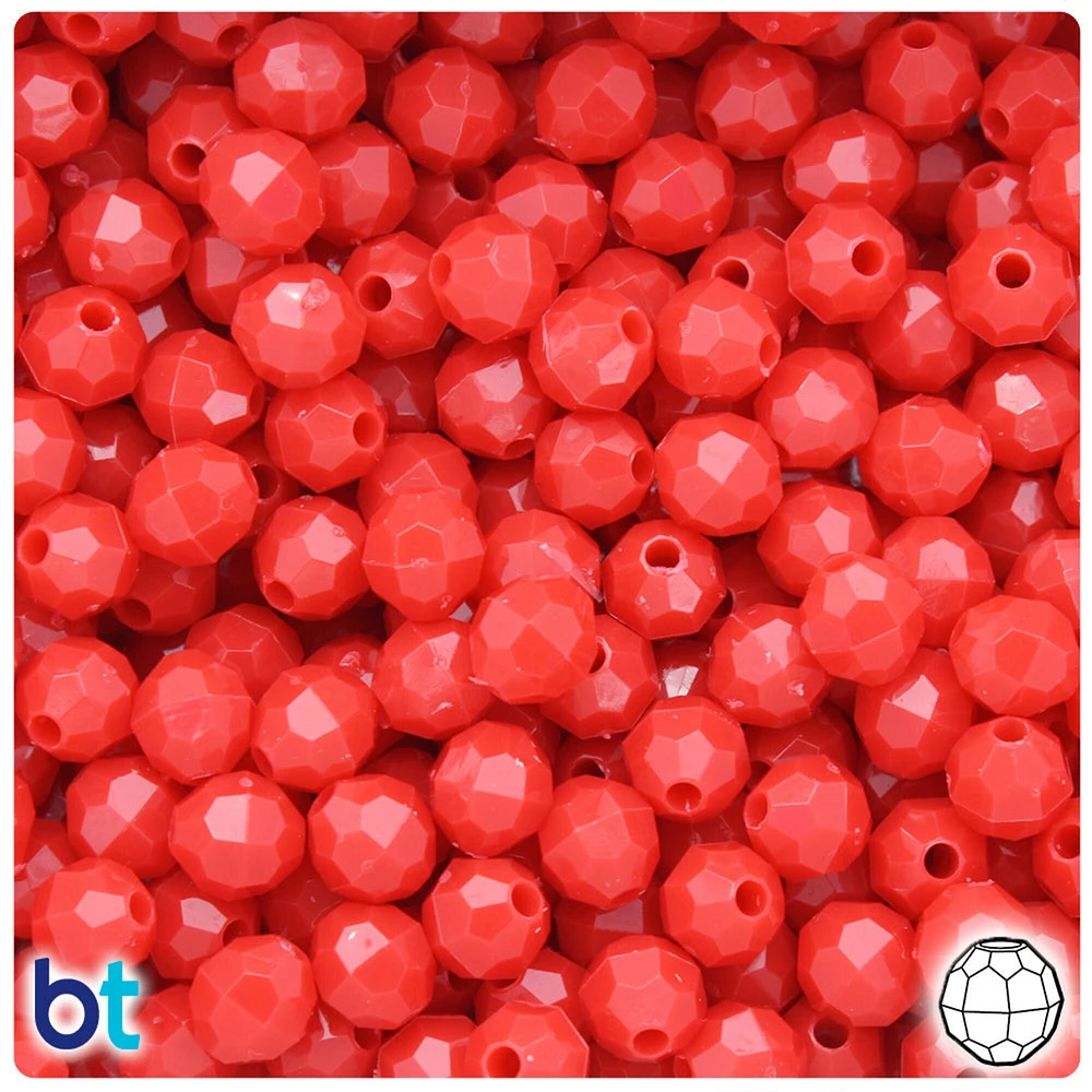 BeadTin Bright Red Opaque 8mm Faceted Round Plastic Craft Beads (450pcs)