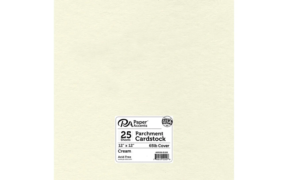 PA Paper Accents Parchment Cardstock 12" x 12" Cream, 65lb colored cardstock paper for card making, scrapbooking, printing, quilling and crafts, 25 piece pack