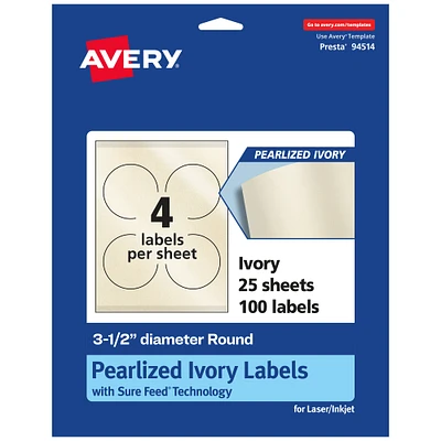 Avery Pearlized Ivory Round Labels with Sure Feed Technology, Print-to-the-Edge, 3.5" diameter