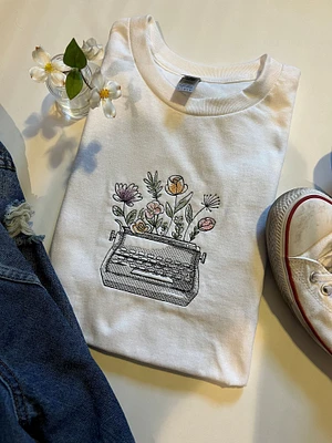 Flourishing Thoughts Embroidered Crewneck T-Shirt | Floral Embroidered Design | Unique Design | Cute T-Shirts | Simply Beautiful T-Shirt