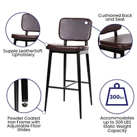 Merrick Lane Regency Faux Leather Barstools Contemporary Metal Frame Stools with Integrated Footrest - Set of 2