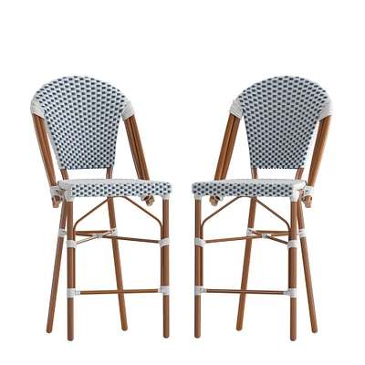 Merrick Lane Celia Set of Two Indoor/Outdoor Stacking French Bistro Counter Stools with White and Gray Patterned Seats and Backs & Bamboo Finished Metal Frames