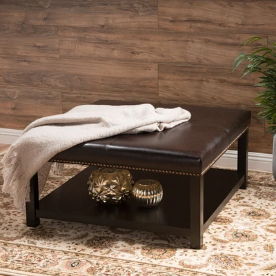 GDF Studio Kelapith Contemporary Leather Ottoman Brown Bench with Rack