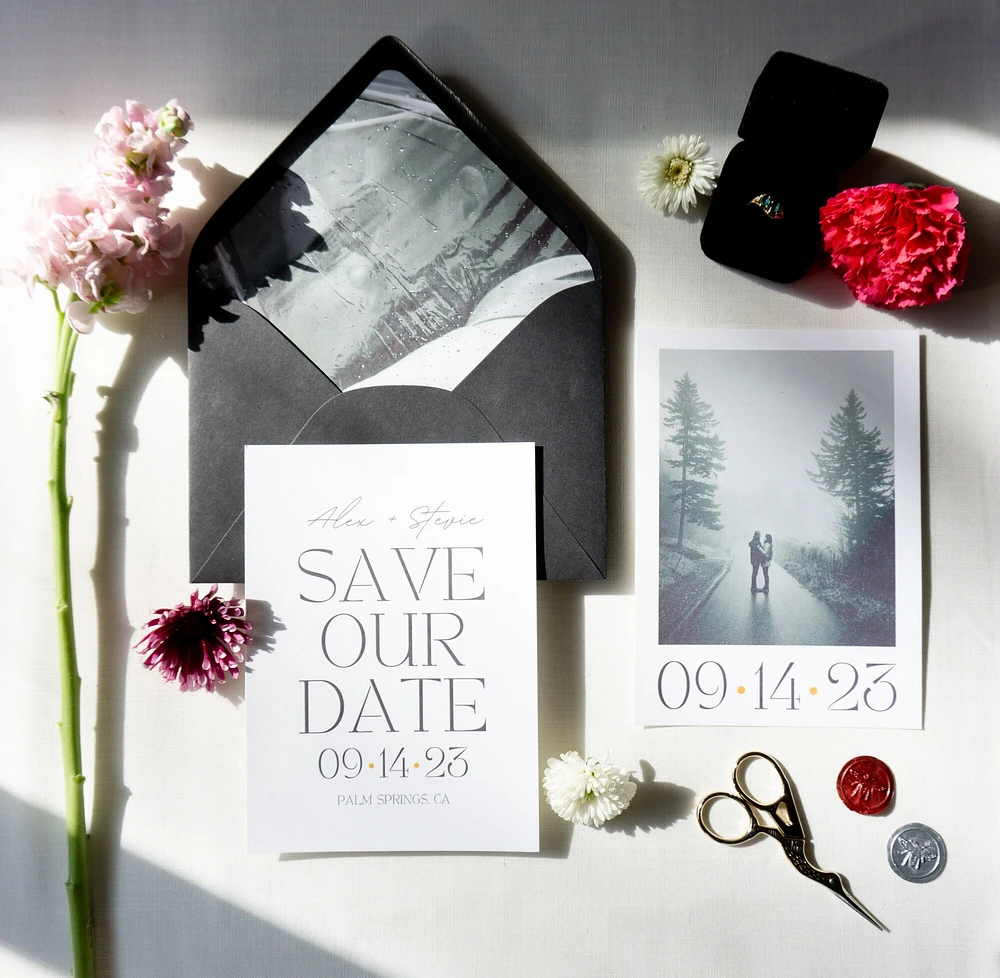 Custom Minimalist and Modern Black and White Save the Dates with Envelope Inserts