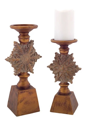 Melrose Set of 2 Brown Snowflake Christmas Pillar Candle Holders 13"