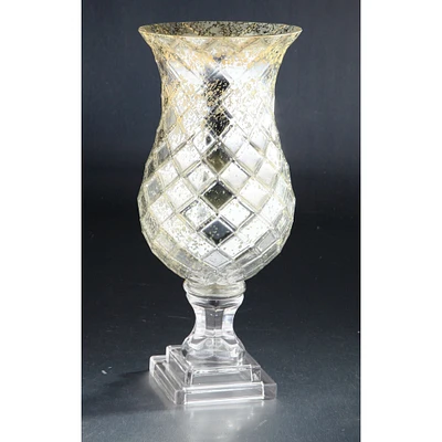 CC Home Furnishings 18" Silver Tone Diamond Pattern Glass Hurricane Candleholder