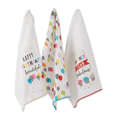 Contemporary Home Living Set of 3 Red and White Happy Birthday Embellished Dish Towel, 28"