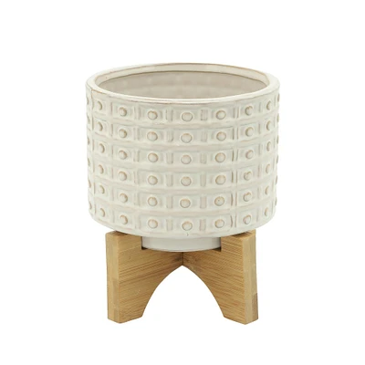 Kingston Living 6" Ivory and Beige Polka Dotted Ceramic Outdoor Planter with Stand