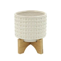 Kingston Living 6" Ivory and Beige Polka Dotted Ceramic Outdoor Planter with Stand