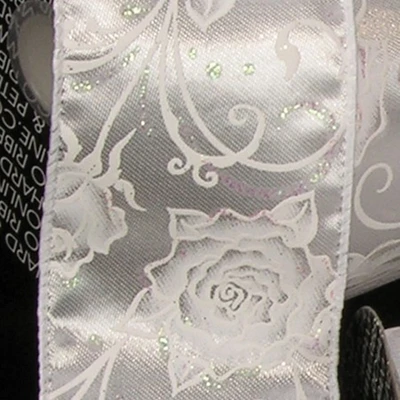 The Ribbon People White and Silver Roses Wired Satin Craft Ribbon 2.5" x 40 Yards