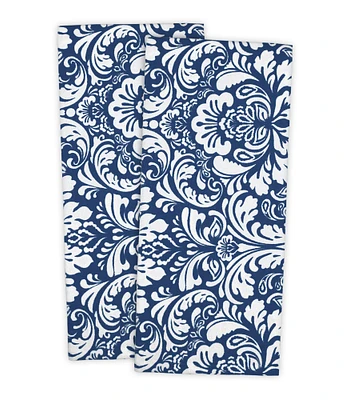 CC Home Furnishings Set of 2 Nautical Blue and White Damask Rectangular Dishtowels 18” x 28”