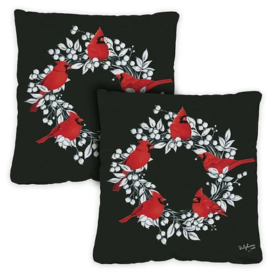 Toland Home Garden Set of 2 Cardinal Christmas Wreath Outdoor Patio Throw Pillow Covers 18”