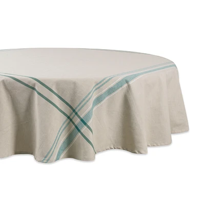 CC Home Furnishings White and Teal French Striped Chambray Round Tablecloth 70"