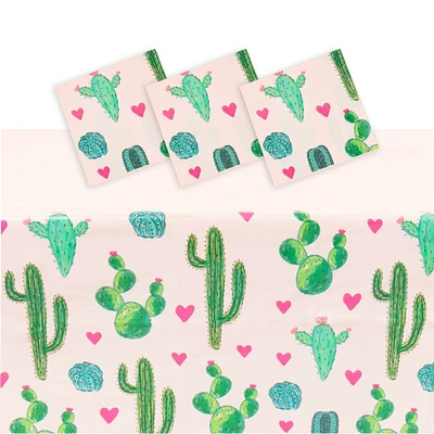 3 Pack Pink Plastic Cactus Tablecloth for Let's Fiesta Birthday Party Decorations, Baby Shower (54x108 In)