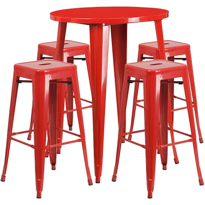 Emma and Oliver Commercial Grade 30" Round Metal Indoor-Outdoor Bar Table Set, 4 Backless Stools