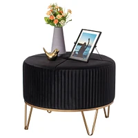 Round Velvet Ottoman Stool Raised with Hairpin Gold Base