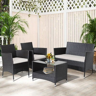 Gymax 4PCS Outdoor Sofa Set Patio Rattan Wicker Conversation Set w/ Coffee Table