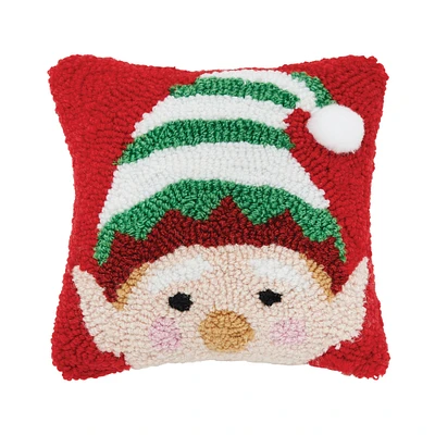 8" x 8" Christmas Peek-A-Boo Elf Face on Red Background Petite Accent Hooked Throw Pillow