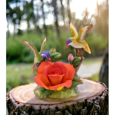 kevinsgiftshoppe Ceramic Double Hummingbirds with Rose Flower Figurine, Home Dcor, Gift for Her, Mom, Kitchen Dcor, Birdwatcher Gift,