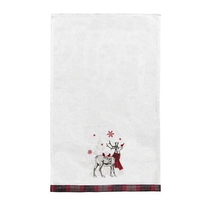 27" x 18" Frosty Deer White Deer Wearing Red & Black Plaid Scarf Christmas Holiday Embellished Flour Sack Kitchen Dish Towel