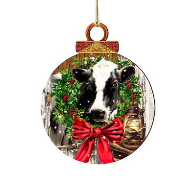 Designocracy Set of 2 Farm Cow Wreath Wooden Christmas Ornaments 5.5"