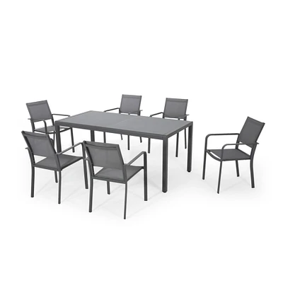 GDF Studio Mirabelle Outdoor 6 Seater Aluminum Dining Set with Tempered Glass Table Top