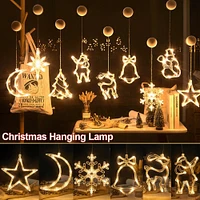 Christmas LED Lights Windowsill Decorations 2023 Xmas Tree Hanging With Suction Cup Santa Claus Elk Pendant Family Party Decor