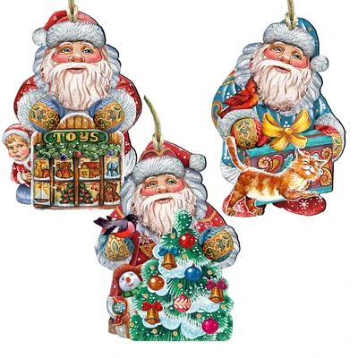 Designocracy Set of 3 Christmas Santa Gift Giving Wooden Ornaments 5.5"