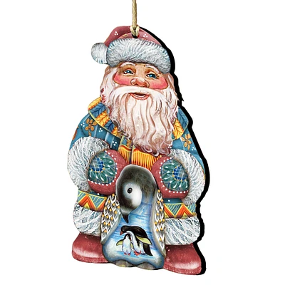 Designocracy Set of 2 Santa Claus Penguin Wooden Christmas Ornaments 5.5"