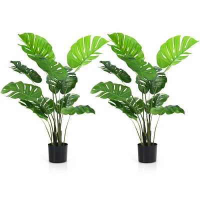 Gymax 2 Pack Artificial Monstera Deliciosa Tree 4ft Faux Plant w/ Cement-Filled Pot